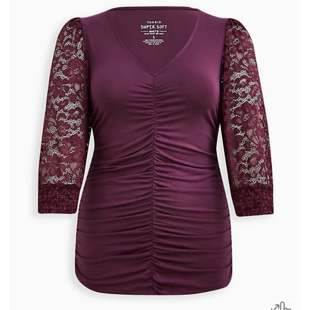 Torrid Plum Top, Lace Sleeves, Ruched Front, Size 1X, New with Tags!